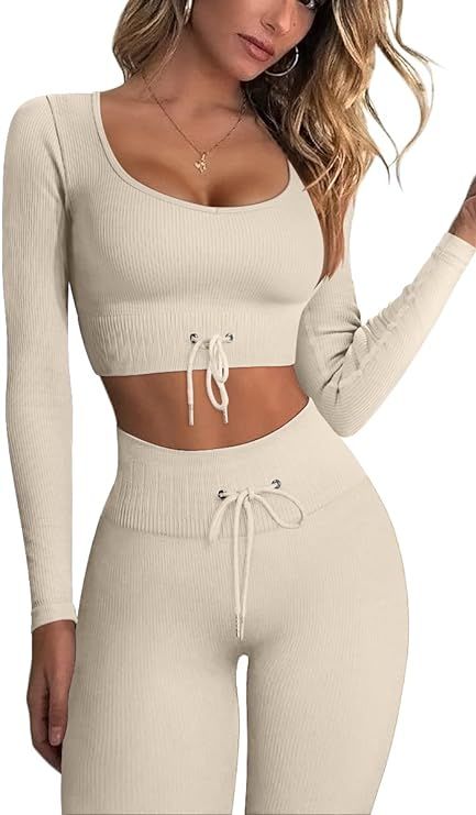 Stylishine Workout For Women 2 Piece Sets Ribbed Outfits Long Sleeve Crop Tops High Waist Legging... | Amazon (US)