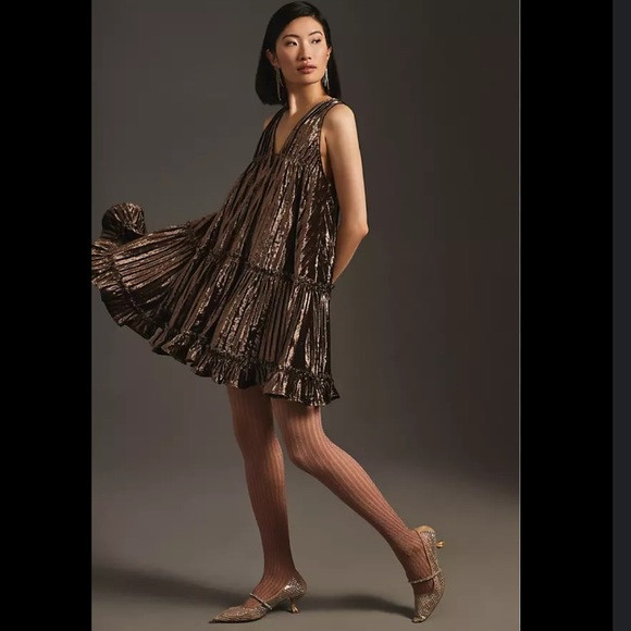 Anthropologie En Saison Madeline Crinkled Tiered Velvet Dress in Brown | Poshmark