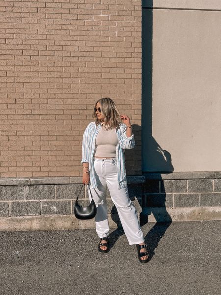 Casual midsize spring to summer outfit 
Tee - L (part of a matching set)
Button up shirt - L
White baggy jeans - 14
Chunky black sandals - TTS
 

#LTKmidsize #LTKsummer #LTKcanada