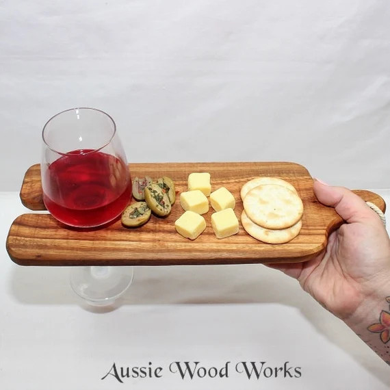 Wine Glass Tray for Cheese & Crackers, One Handed Wooden Food Holder, Appetiser Snack Plate, Gift... | Etsy (US)