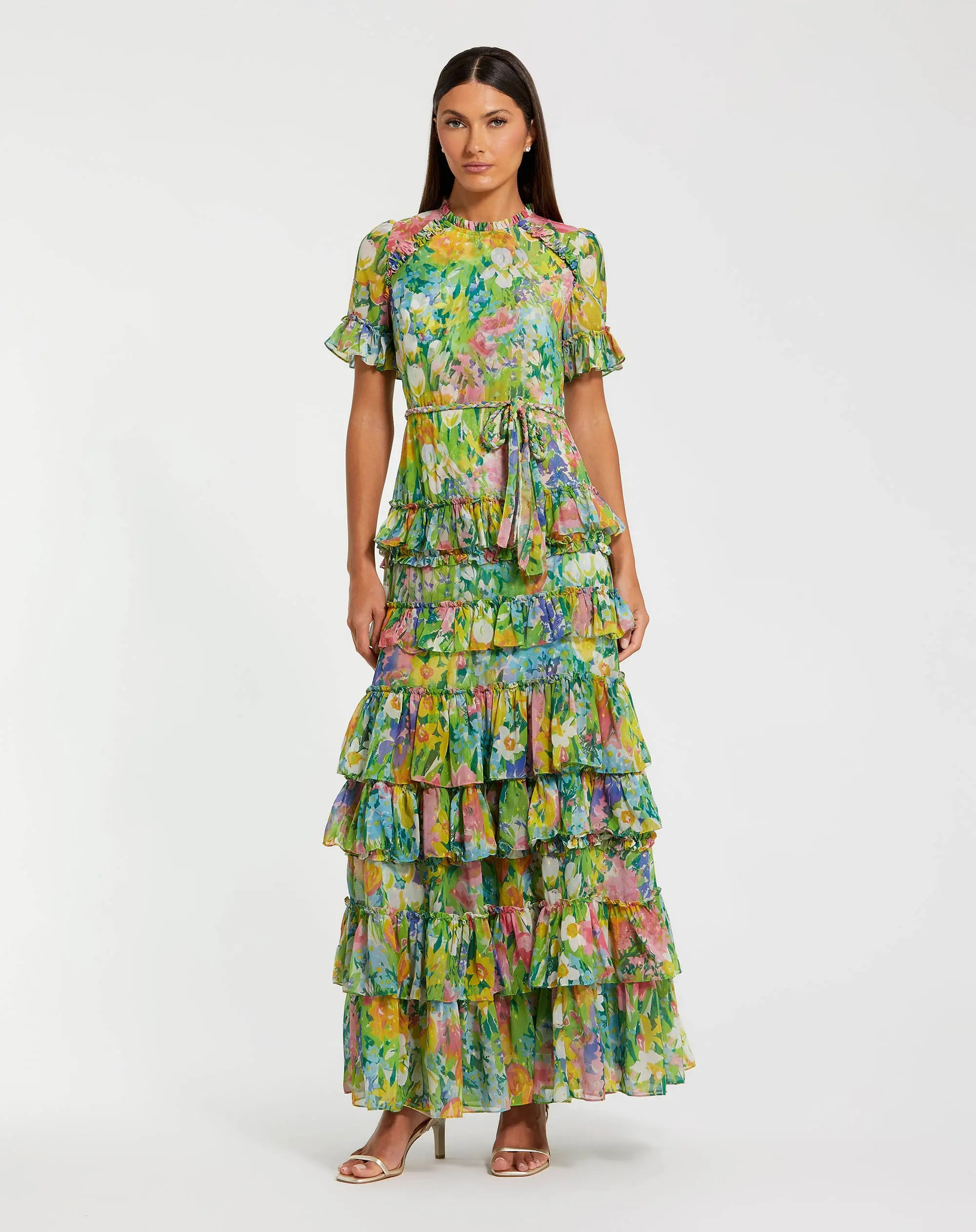 Petite Green Ruffle Tiered Chiffon Floral Dress | Mac Duggal | Mac Duggal