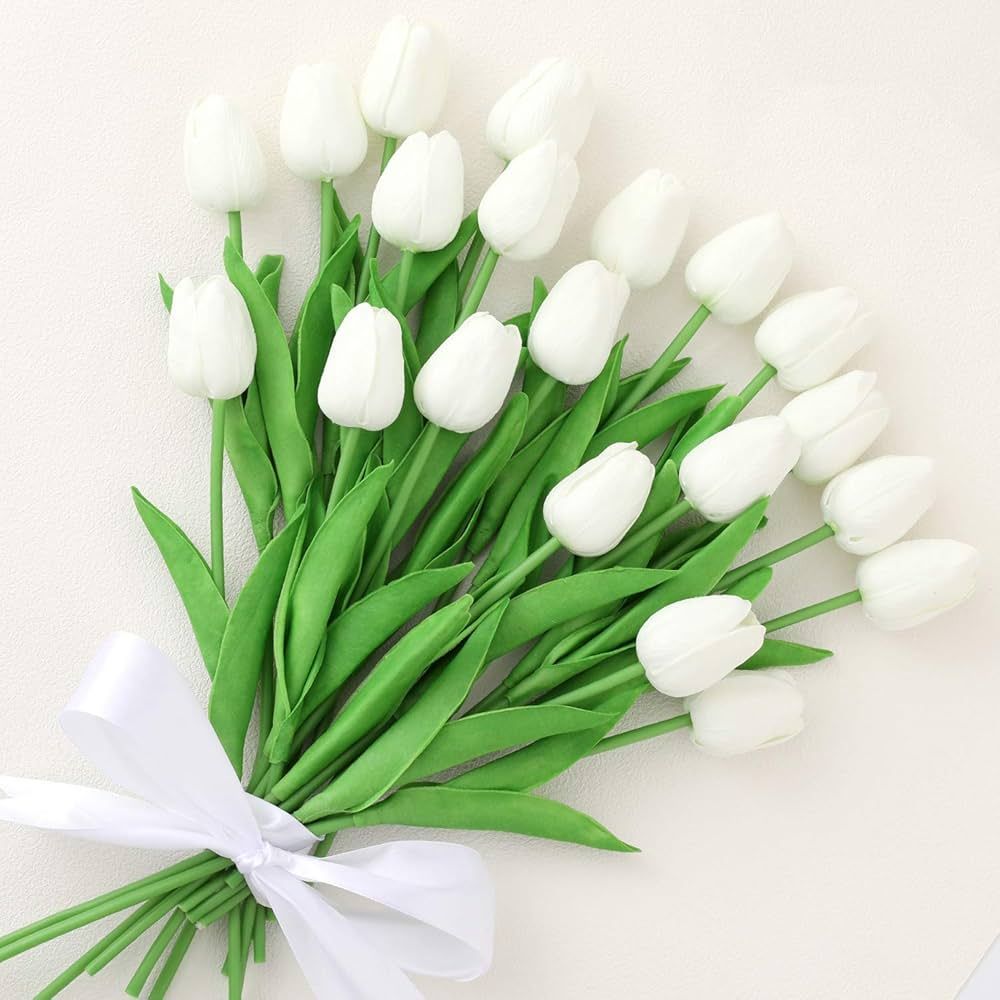 20Pcs Artificial Tulips Fake Tulip Real Touch Latex Flowers for Wedding Party Home Office Decor (White - 20p) | Amazon (US)