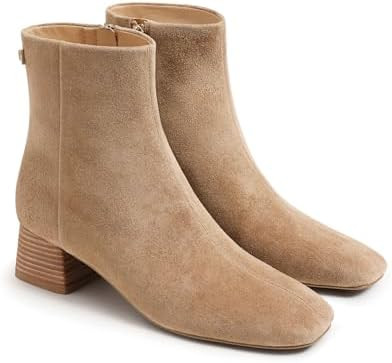 Coutgo Womens Ankle Boots Chunky Low Heel Square Toe Booties Side Zipper Winter Dress Shoes | Amazon (US)