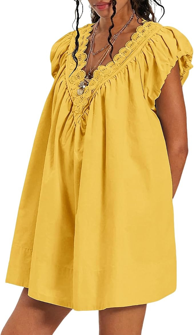 OWNGIGI Women's Summer Dresses 2026 V Neck Scalloped Trim Puff Sleeve A Line Casual Party Dress w... | Amazon (US)