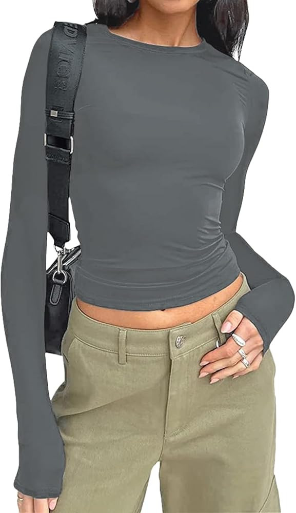 ABKY Women's Long Sleeve Slim Fit T Shirt Basic Tee Y2K Crew Neck Bodycon Crop Top Going Out Tops | Amazon (US)