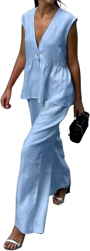 Amazon.com: Volemo Womens Two Piece Set Sleeveless V Neck Peplum Vest Wide Leg Pant Suits Dressy ... | Amazon (US)