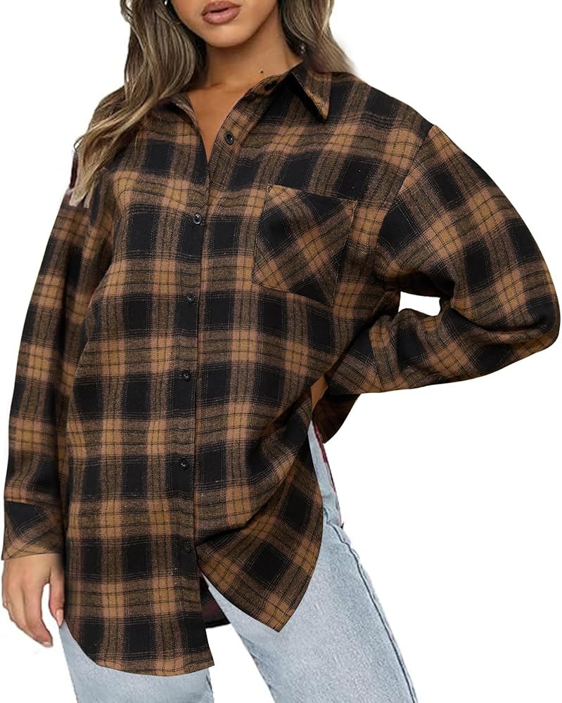 koufland Womens Long Sleeve Button Down Shirts Flannel Plaid Turn Down Collar Shackets Winter Bus... | Amazon (US)