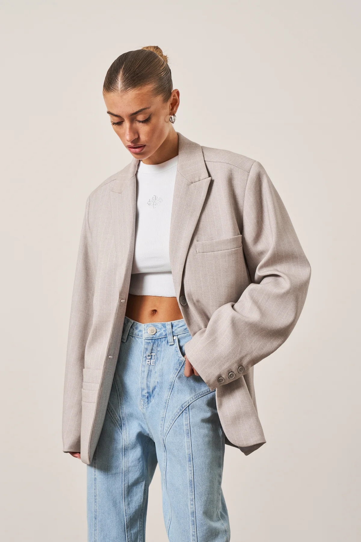 OVERSIZED PINSTRIPE BLAZER - GREY | The Couture Club