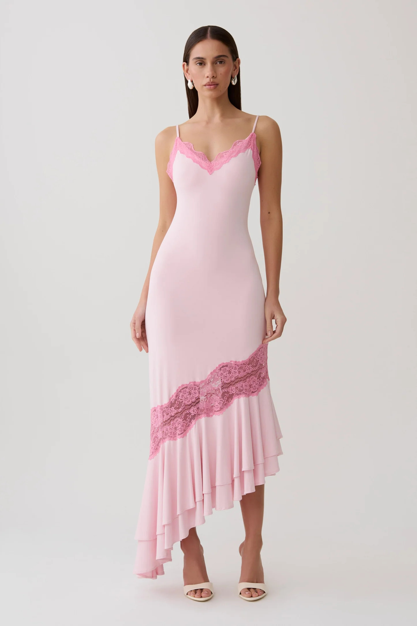 Annis Frilled Hem Lace Midi Dress - Pink | MESHKI US