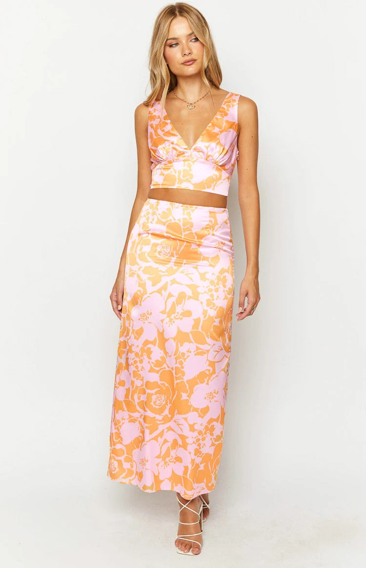Dahlia Orange And Pink Floral Print Maxi Skirt | Beginning Boutique (US)