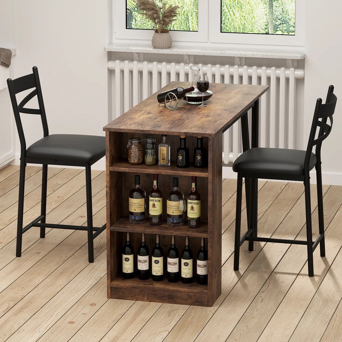 Wayfair 3-Piece Counter Height Bar Table Set for Kitchen Pub, 2 Upholstered Chairs & 3-Tier Shelves
