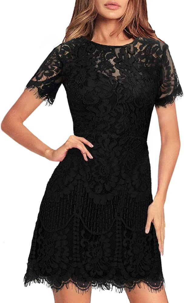 Women's Elegant Round Neck Short Sleeves V-Back Floral Lace Cocktail Party A Line Dress 910 | Amazon (US)