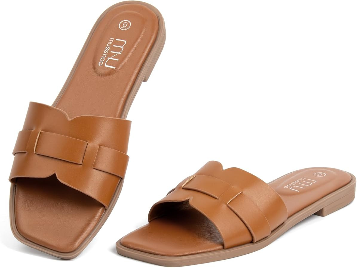 MUSSHOE Womens Sandals Square Toe Flat Sandals Women Wide Fit Leather Slides Dressy Summer Shoes | Amazon (US)