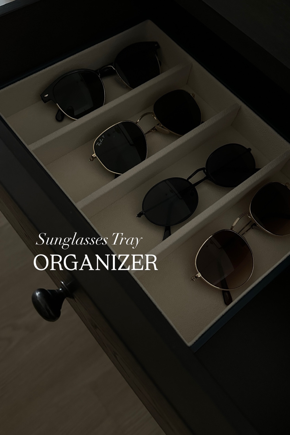Stackable sunglasses tray organizer. LOVE these for my console table drawer. 

Leather velvet liner tray.
Home Decor Aesthetic 