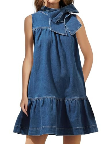 EZAPINE Denim Dress for Women Summer Sleeveless Mock Neck Ruffle Hem Babydoll Jean Dress with Bow Dark Blue | Amazon (US)