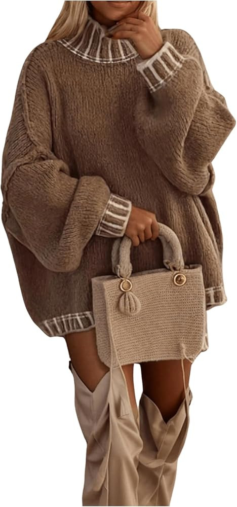 MakeMeChic Women's High Neck Long Sleeve Oversized Sweaters Casual Loose Drop Shoulder Pullovers ... | Amazon (US)