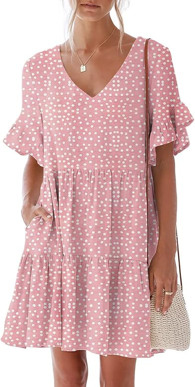 nclook Women's Summer Casual Dress Sweet & Cute V-Neck Mini Dress with Pocket Short Sleevele Ruff... | Amazon (US)