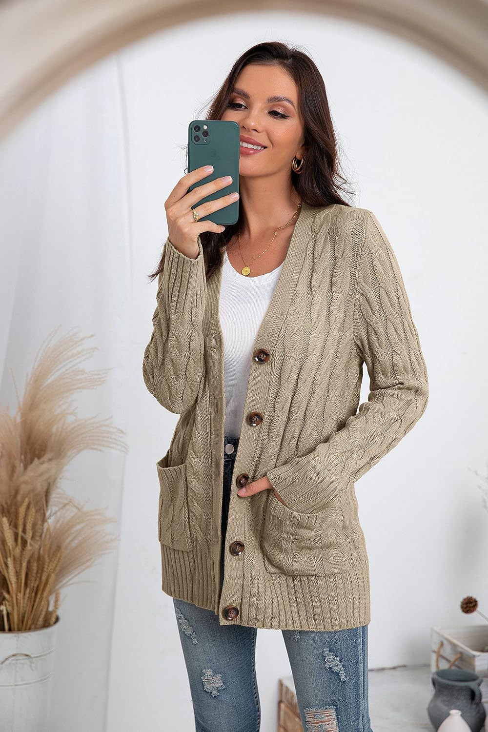 GRECERELLE 2026 Womens Long Sleeve Cable Knit Cardigan Sweater with Pockets | Amazon (US)