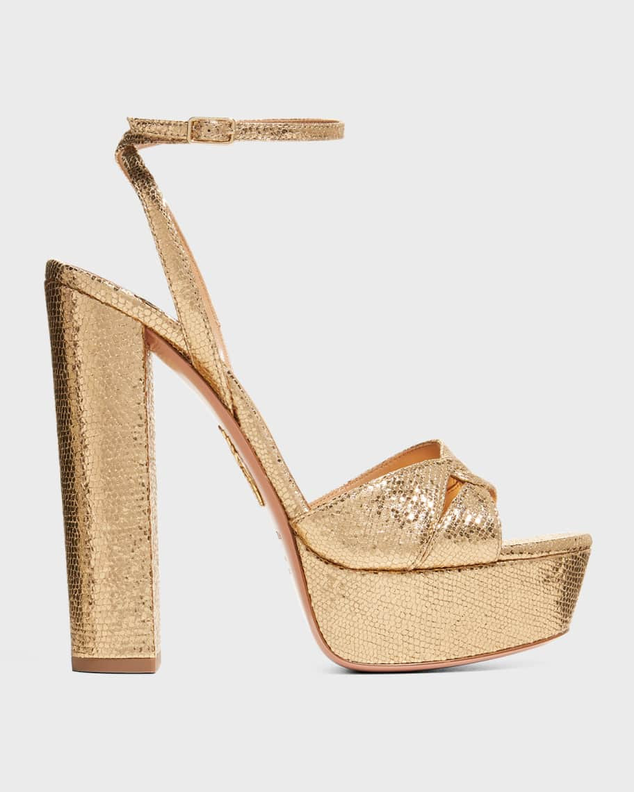Aquazzura Sinner Metallic Snake-Print Platform Sandals | Neiman Marcus