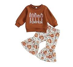Hnyenmcko Baby Girl Halloween Outfit Long Sleeve Letter Print Tops Pumpkin Flared Pants Headband ... | Amazon (US)