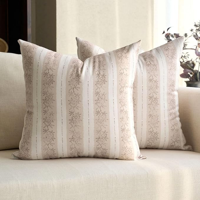 DOMVITUS Floral Pillow Covers 18x18 Inch Set of 2, Vintage Striped Block Print Decorative Throw P... | Amazon (US)
