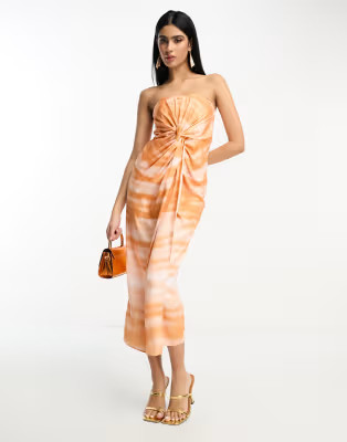 ASOS DESIGN satin bandeau twist front midi dress in watercolour print | ASOS (Global)