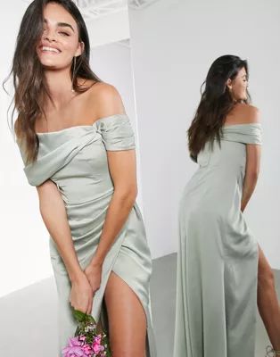 ASOS EDITION satin bardot drape wrap maxi dress in sage green | ASOS | ASOS (Global)