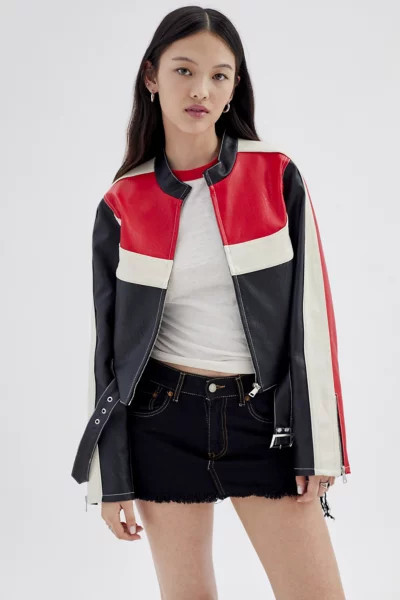 Urban Outfitters UO Jordan Faux Leather Fitted Racer Moto Jacket in Black, Women's at Urban Outfitters | Urban Outfitters (US and RoW)