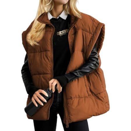 APAFES Women Winter Oversized Puffer Vest Lightweight Stand Collar Flysleeve Insulated Padded Puffy Jackets Coat with Pockets | Amazon (US)