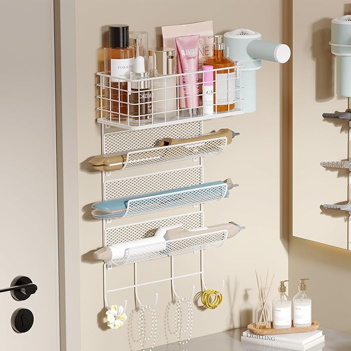Wall-Mounted Hair Dryer Holder Styling Tool Organizer 4-Shelf Storage Wire Basket with Hook Heat ... | Amazon (US)
