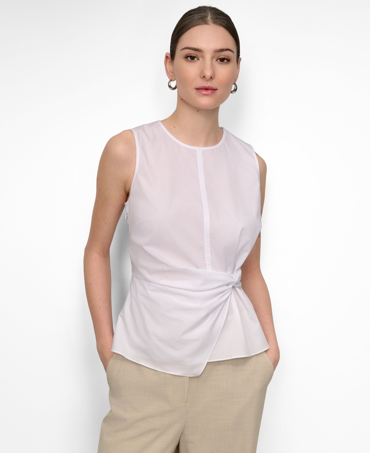 Dkny Women's Poplin Ruched Side-Twist Sleeveless Top - White | Macy's