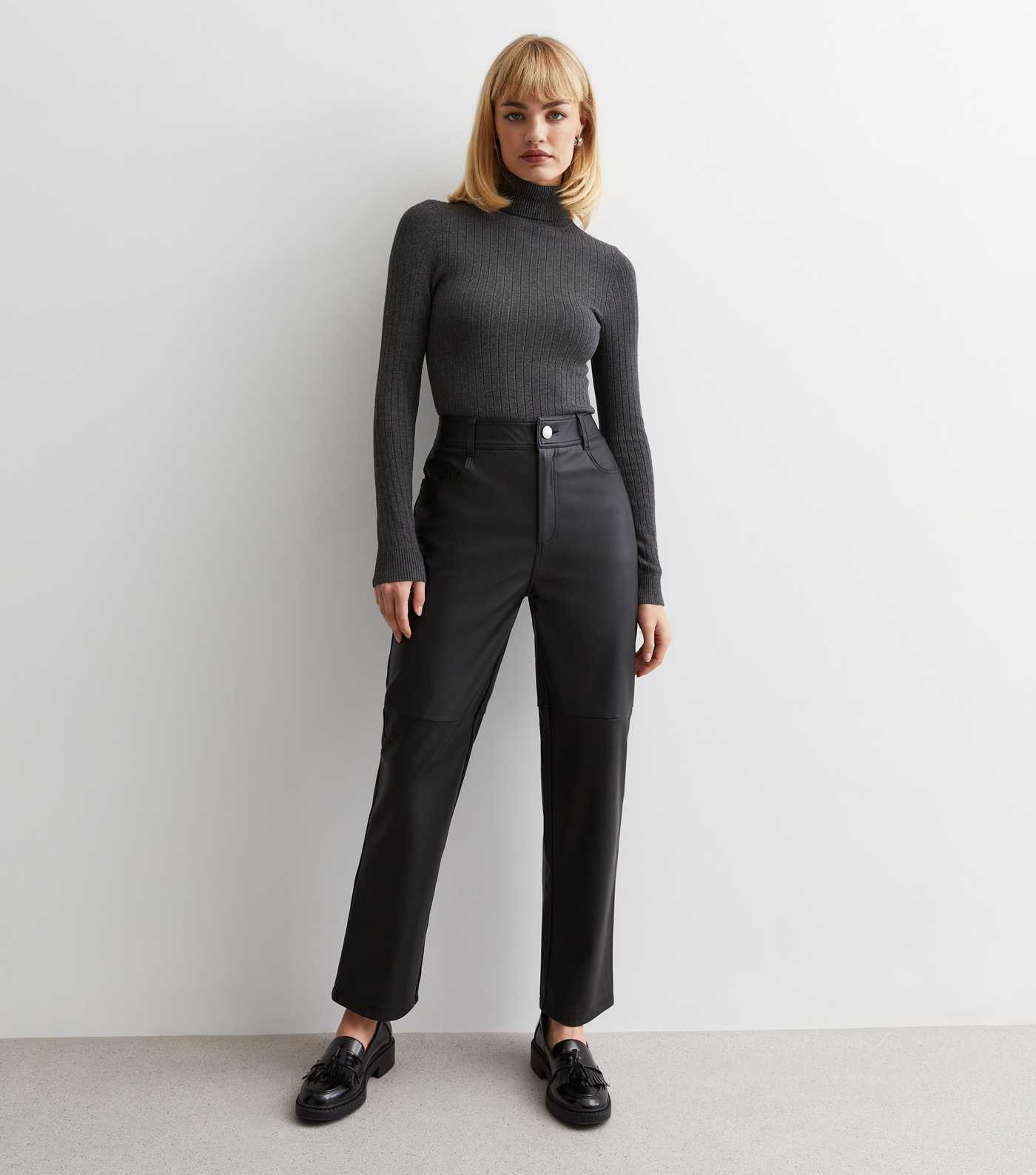 Black Leather-Look Straight Leg Trousers | New Look | New Look (UK)