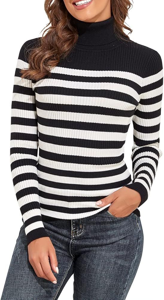 PrettyGuide Women's Ribbed Turtleneck Long Sleeve Sweater Black White Stripes M at Amazon Women... | Amazon (US)