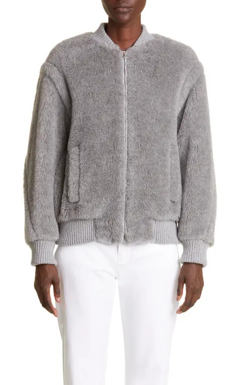 Max Mara Terry Alpaca Blend Bomber Jacket in Light Grey at Nordstrom, Size 16 | Nordstrom