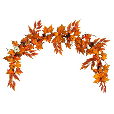 Nearly Natural 6-ft Assorted Autumn Maple Leaves, Pumpkins, Gourds, Berries and Pinecone Artificial Fall Garland | Target