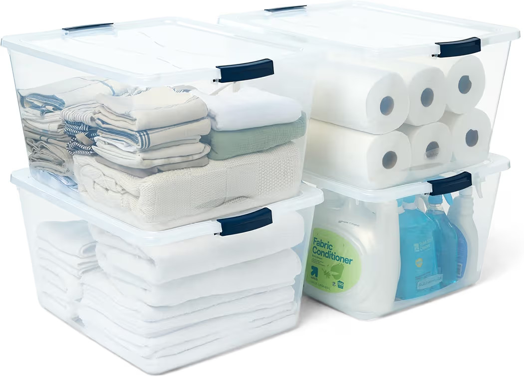 Rubbermaid Cleverstore 71 Qt Clear Storage Bins with Lids, 4-Pack, Stackable, BPA-Free, Made in U... | Amazon (US)