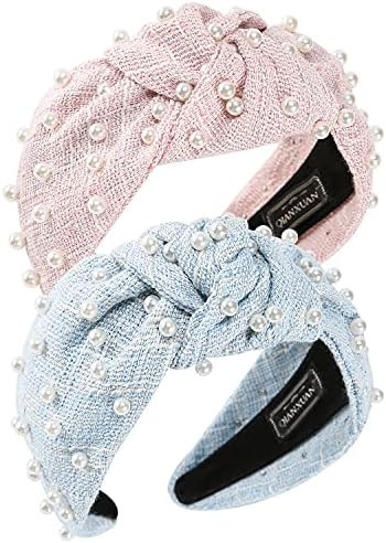 QIANXUAN Wide Hair Bands For Women Fashion White Pearl Headbands For Women Top Knot Headband For ... | Amazon (US)