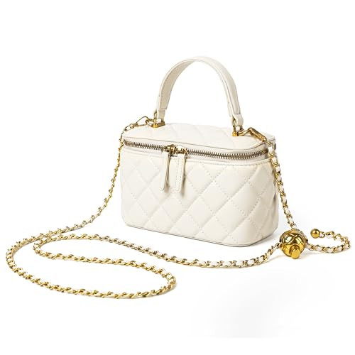 DORIS&JACKY Small Quilted Box Crossbody Purse For Women Designer Leather Mini Top Handle Pouch Bag With Metal Chain Strap (3-White) | Amazon (US)