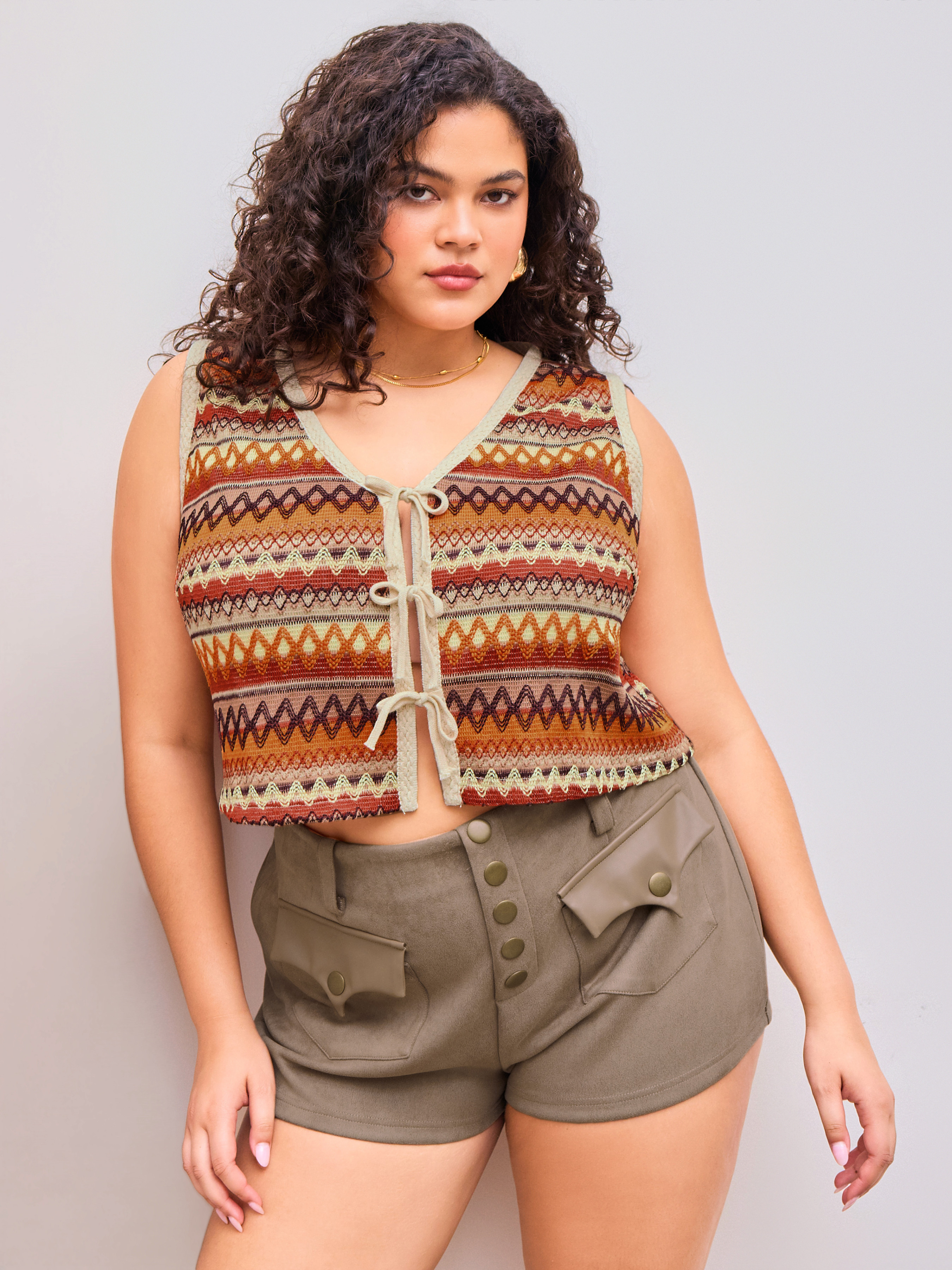 Woven Woven V-neck Striped Tie Front Crop Vest Curve & Plus For Vacation | Cider