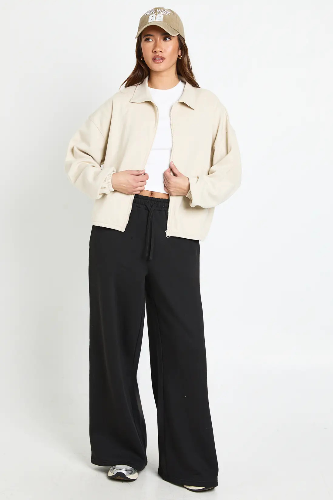 Cream Interlock Bubble Hem Zip Through Bomber Sweatshirt | Boohoo | Boohoo.com (UK & IE)