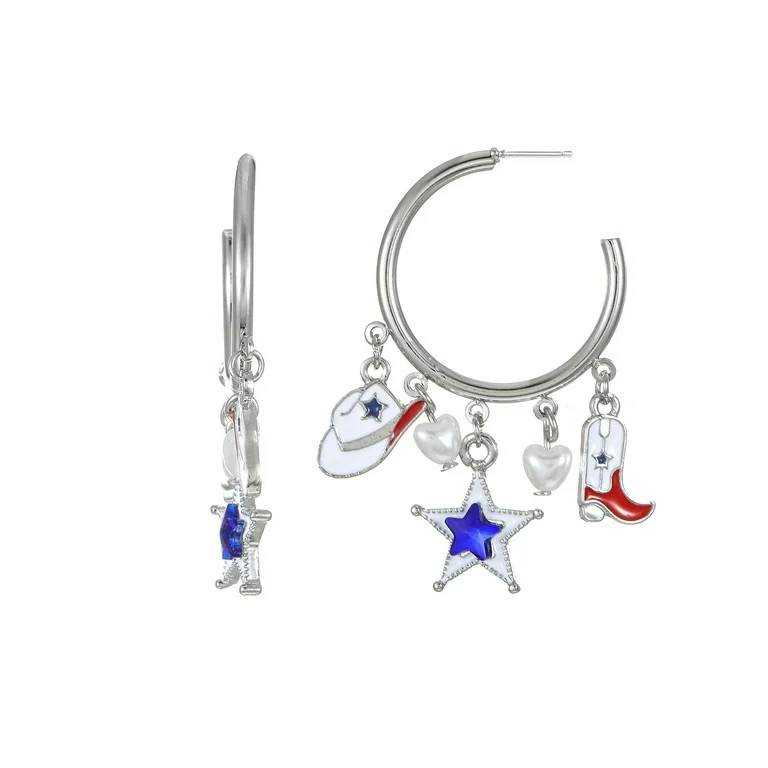 Way to Celebrate Americana Silver Western Charmy Hoop Earrings | Walmart (US)