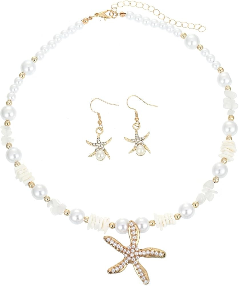 Starfish Necklace Earrings Set for Women, Boho Beaded Layered Choker Necklace Simulated Pearl Col... | Amazon (US)