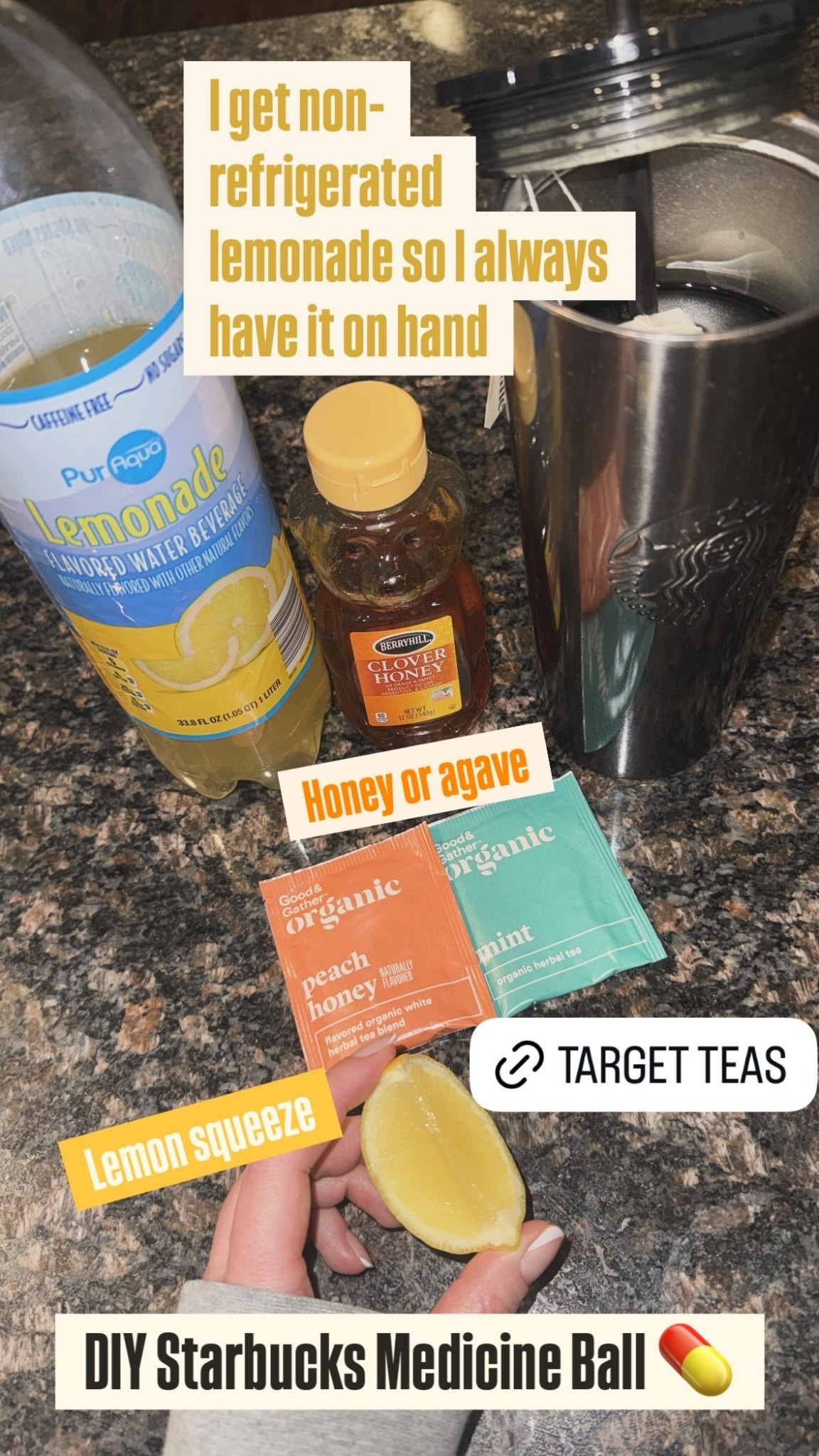 DIY Starbucks Medicine Ball 💊🥤

•mint tea
•peach (honey) tea
•lemonade
•lemon/ lemon juice
•honey or agave

#medicineball #starbucks #starbucksmedicineball #sick #sickdrink #medicine #medicineball #starbucksathome #starbucksdupe #starbucksdiy #starbucksrecipe #starbucksdrinks  

#LTKTravel #LTKSeasonal #LTKKids