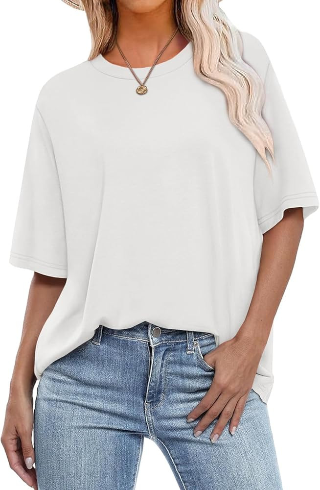 OFEEFAN Summer Tops for Women 2025 Short Sleeve Shirts Dressy Casual Crew Neck Tshirts Fashion | Amazon (US)