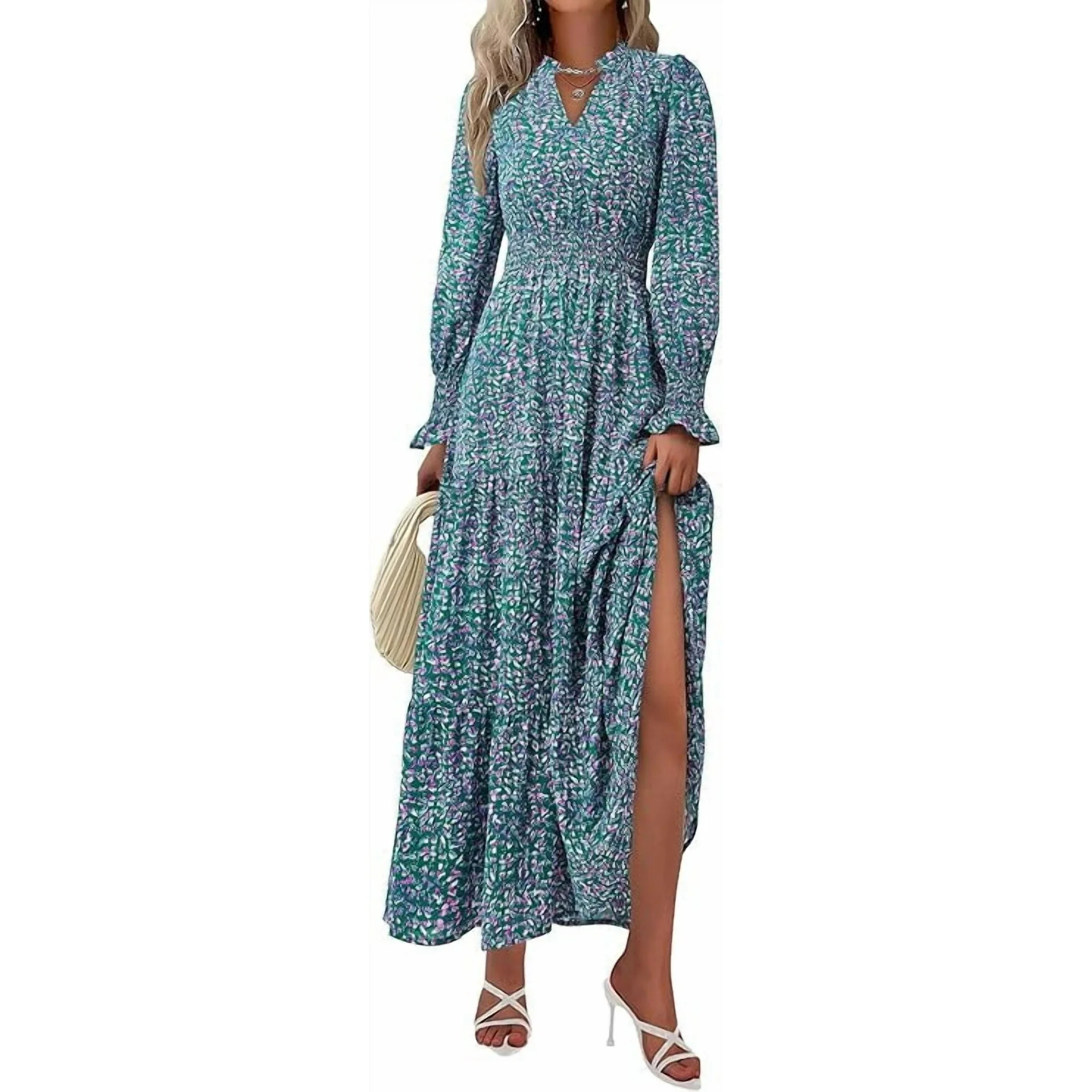 PRETTYGARDEN Women's Floral Maxi Dress Spring Long Sleeve V Neck Casual A Line Long Flowy Boho Pa... | Walmart (US)
