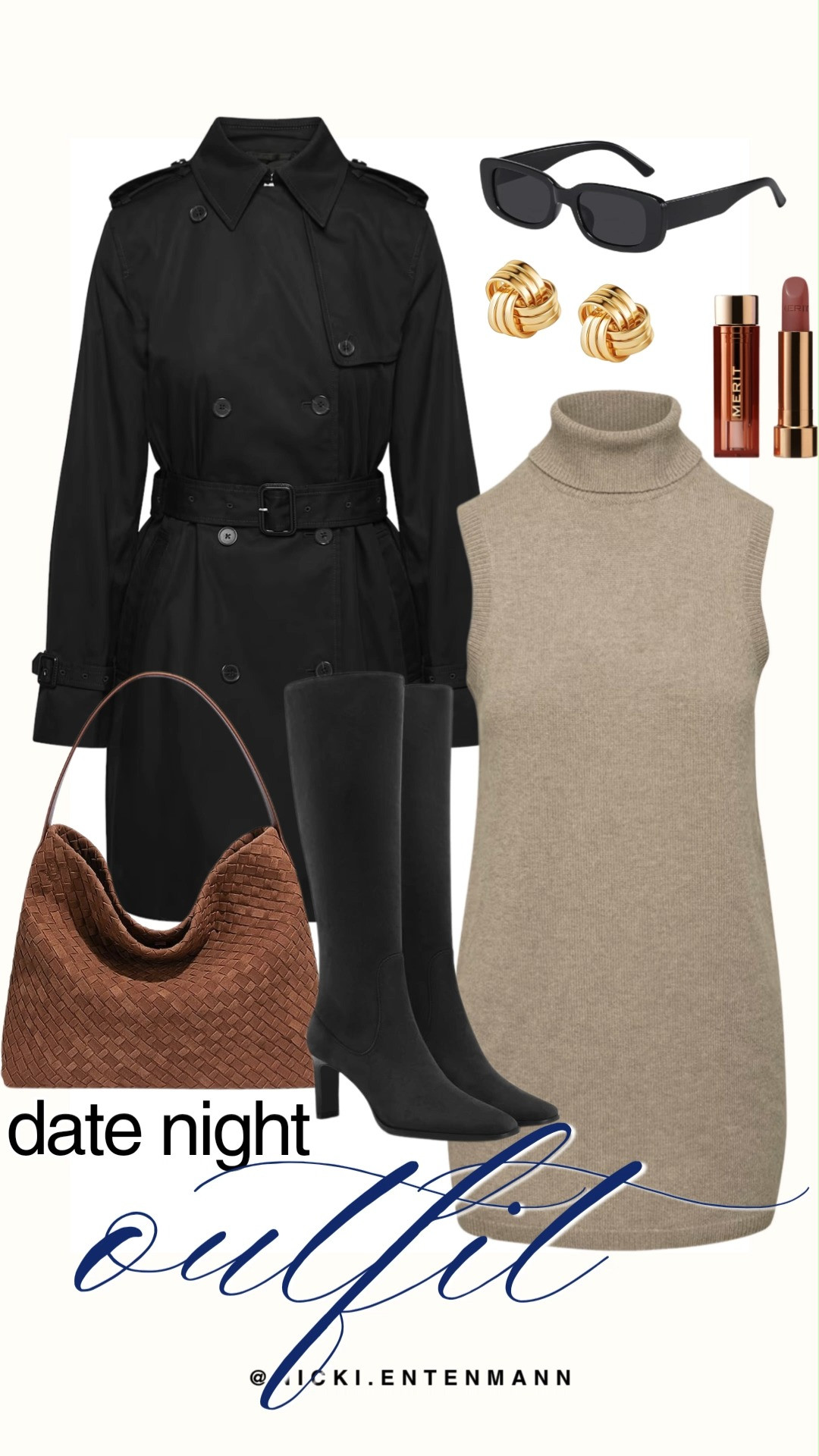 Step out in chic sophistication with this date night outfit featuring a sleeveless beige turtleneck sweater dress paired with a sleek black trench coat. High knee-black boots, a brown woven shoulder bag, gold knot earrings, dark sunglasses, and Merit lipstick elevate the look.

#datenight #datenightoutfit #fallfashion #outfitinspiration #preppycasual #chicstyle #everydayfashion 

 #LTKgrwm #LTKootd #LTKmomlife