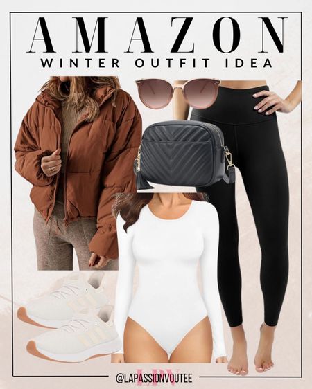 Stay cozy yet cool in this Amazon ensemble: a sleek puffer jacket, paired with a chic bodysuit and comfy leggings. Complete the look with a stylish sling bag, trendy sunglasses, and casual sneakers for a laid-back vibe that effortlessly combines comfort and fashion.

#LTKstyletip #LTKHoliday #LTKSeasonal