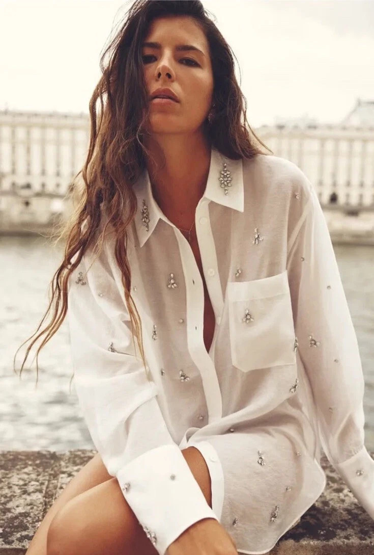 ZARA NEW WOMAN EMBROIDERED RHINESTONE SHIRT OYSTER WHITE SIZE SMALL NWT 4786/271  | eBay | eBay US