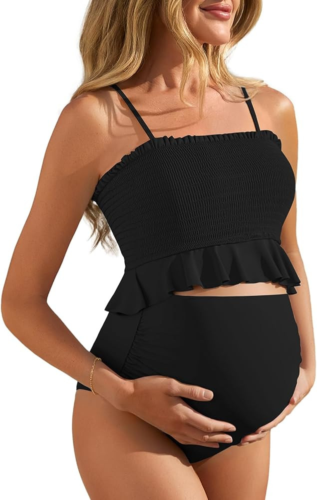 Summer Mae Maternity High Waist Swimsuit Ruffle Hem Bikini Bathing Suit Shirred Bandeau Two Piece... | Amazon (US)
