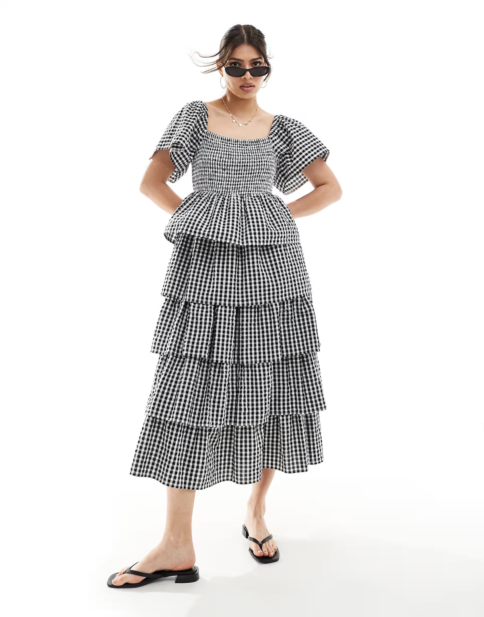 Nobody's Child Rosalia tiered gingham midaxi dress in black and white | ASOS (Global)